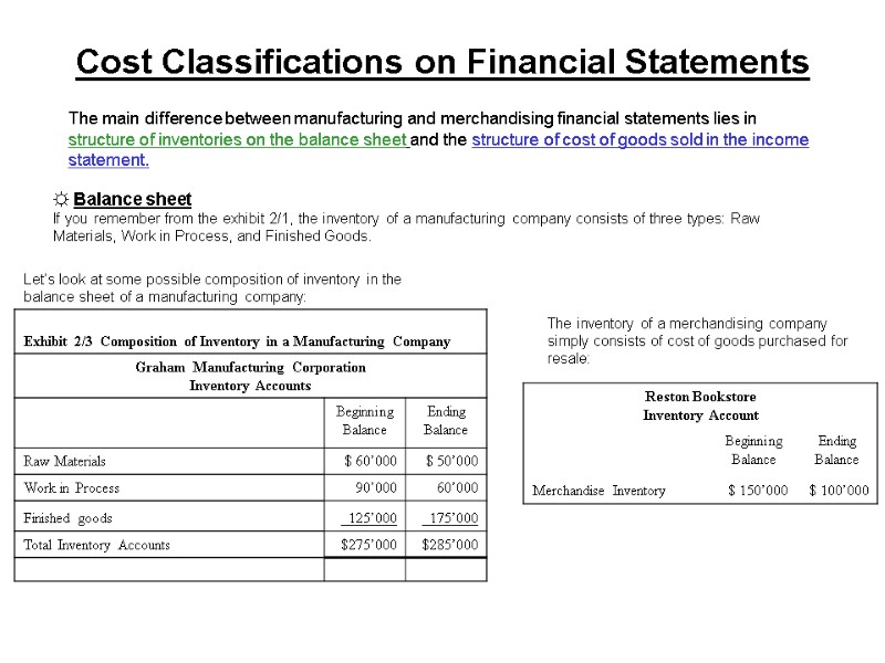 Cost Classifications on Financial Statements  The main difference between manufacturing and merchandising financial